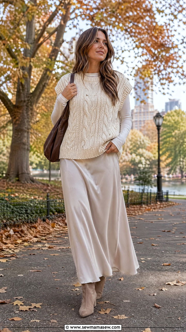 Cable Knit Sweater Vest And Maxi Skirt - 35 Sweater vest outfit ideas