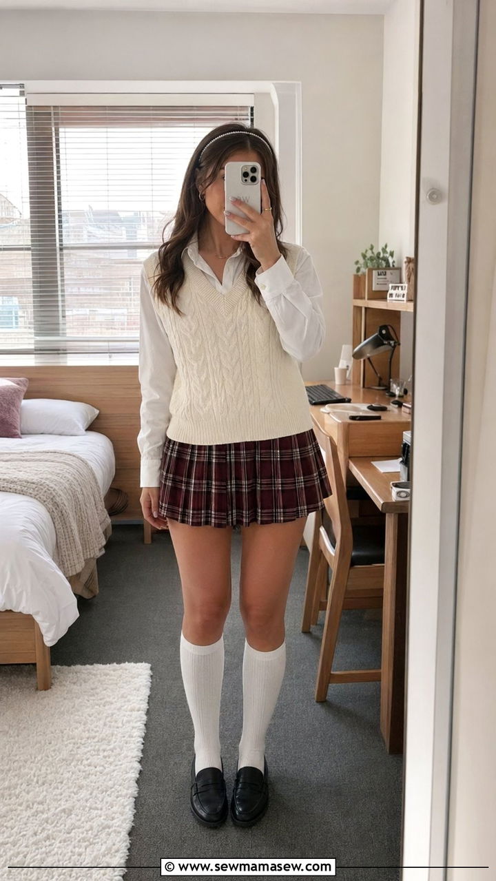 Cable Knit Sweater Vest and Plaid Skirt Outfit - 30 back to school outfits aesthetic