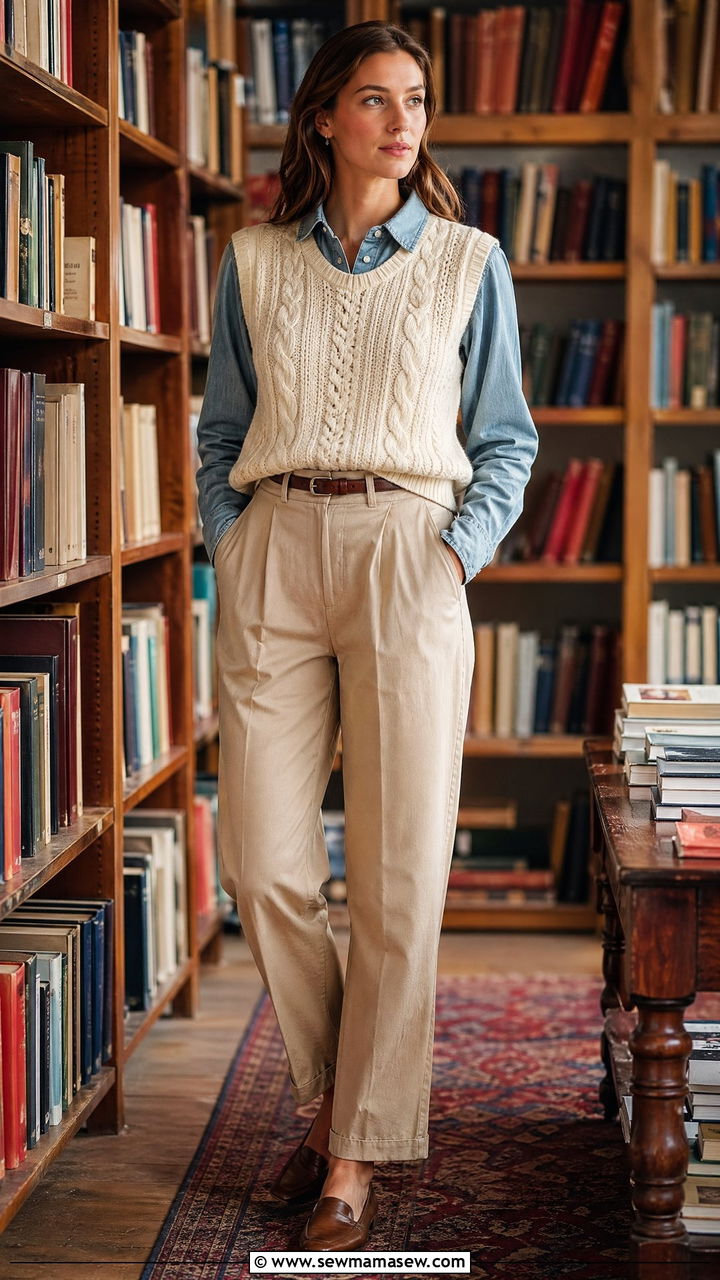 Cable Knit Sweater Vest with Trousers - 35 casual sweater vest outfits