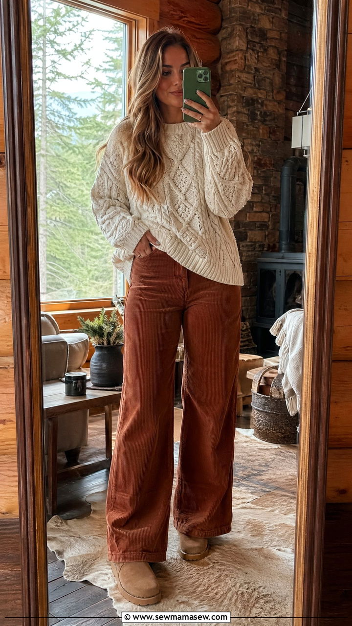 Cable Knit Sweater With Corduroy Pants - 35 Cozy cabin weekend outfit ideas