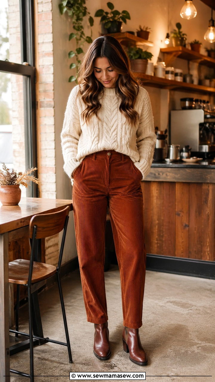 Cable Knit Sweater With Corduroy Pants And Boots - 30 Spring cozy outfit ideas