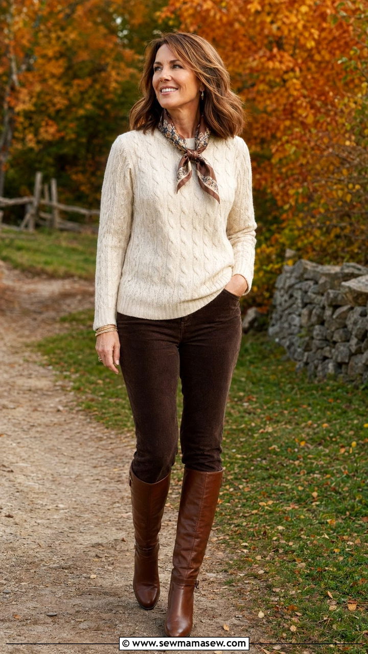 Cable Knit Sweater With Corduroy Pants And Leather Riding Boots - 35 Old money outfits for women over 40