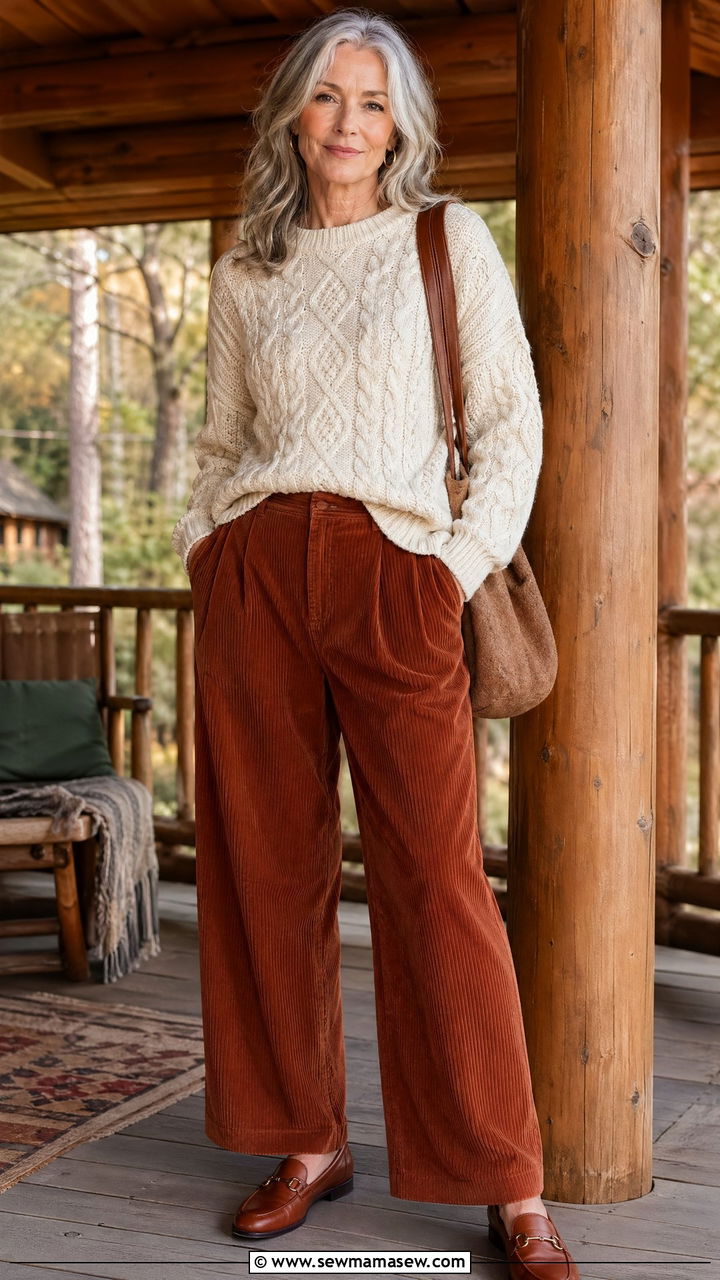 Cable Knit Sweater With Corduroy Trousers And Leather Loafers - 35 Classy outfits for women over 50
