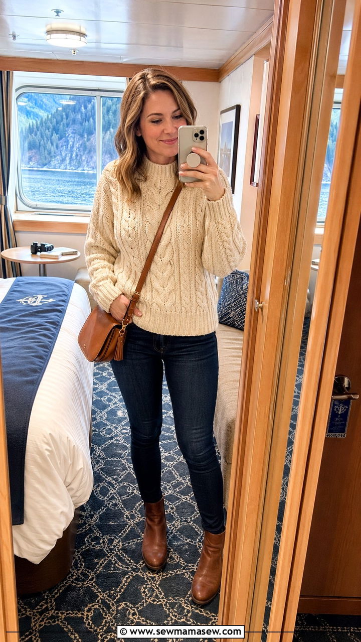 Cable Knit Sweater With Dark Wash Jeans And Ankle Boots - 30 Alaska cruise outfit ideas