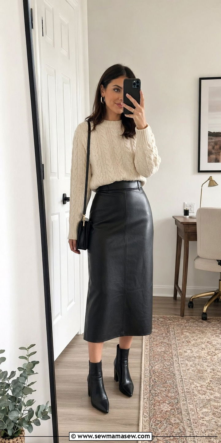 Cable Knit Sweater With Faux Leather Midi Skirt - 30 Work outfits for petite women