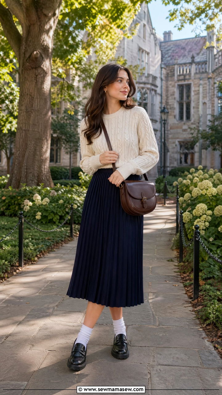 Cable Knit Sweater With Pleated Skirt And Loafers - 35 spring parisian outfits