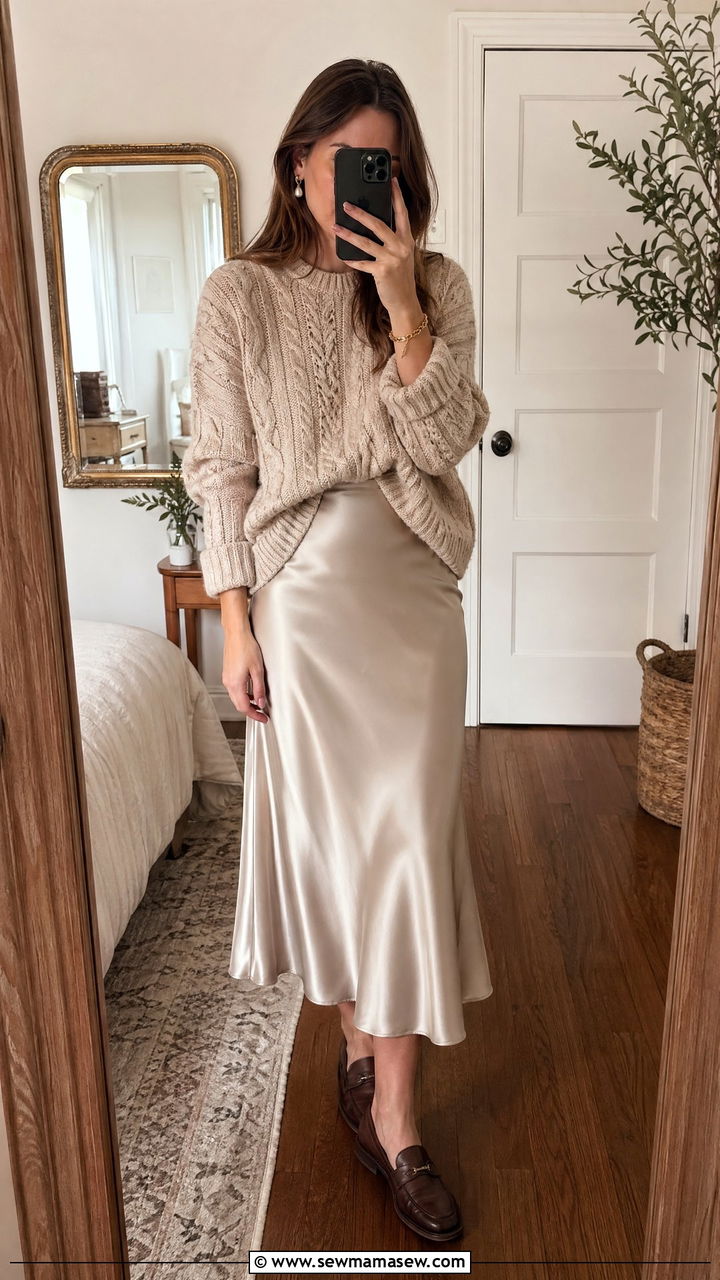 Cable Knit Sweater With Satin Midi Skirt and Loafers - 35 transitional old money outfit ideas