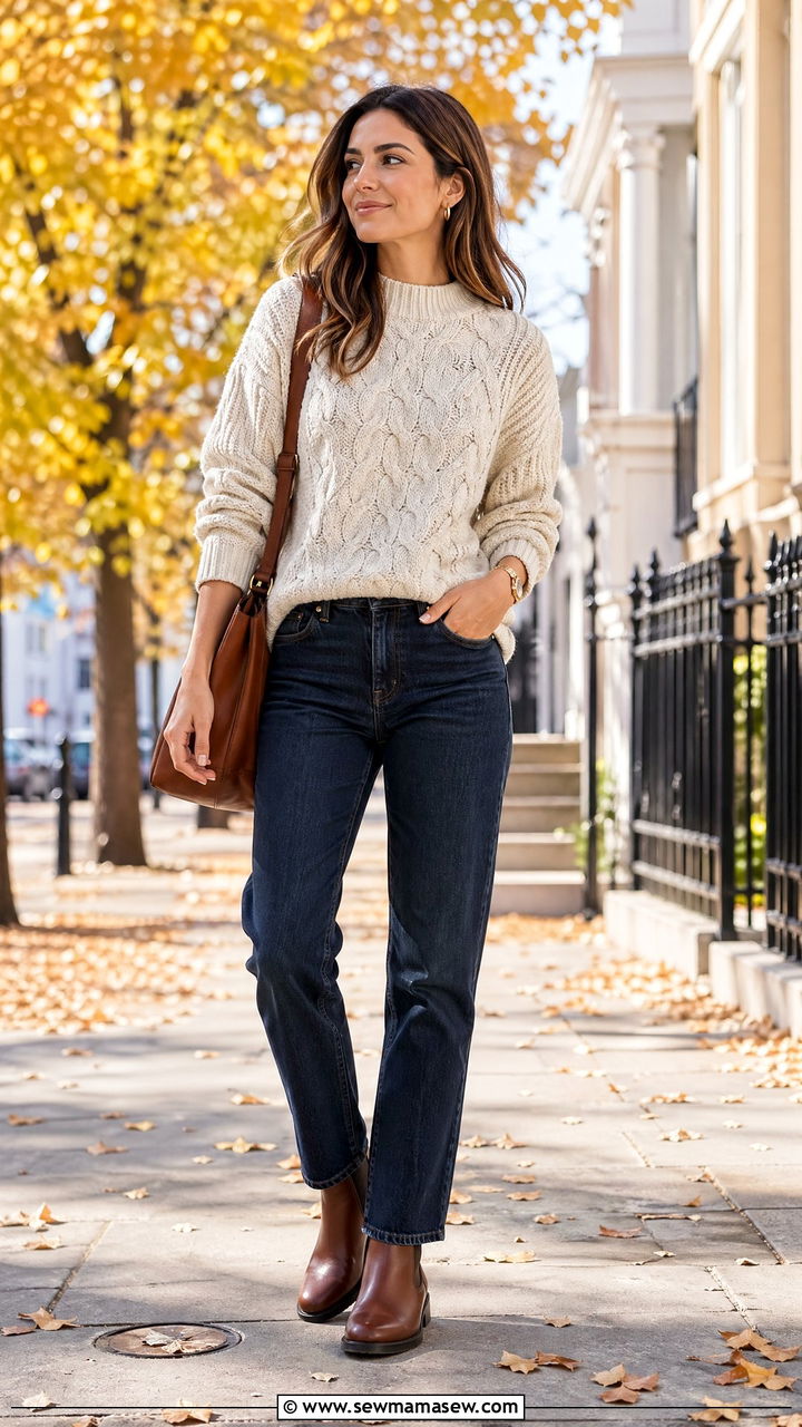 Cable Knit Sweater With Straight Leg Jeans - 35 Cute work outfits for women