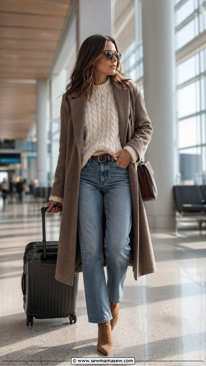Cable Knit Sweater With Straight Leg Jeans And Ankle Boots - 35 classy airport outfits