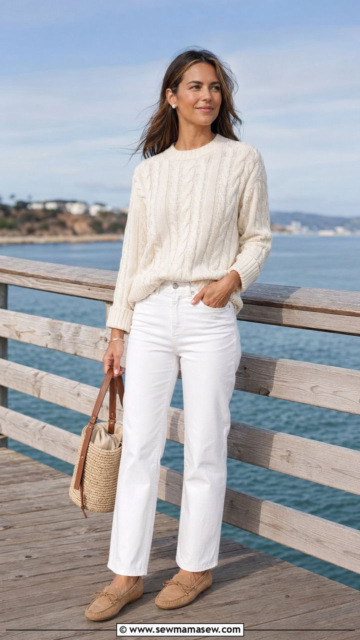 Cable Knit Sweater With White Denim - 35 Preppy vacation outfits
