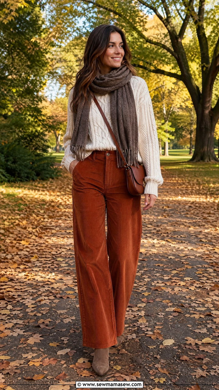 Cable Knit Sweater and Corduroy Trousers Outfit for Tall Women - 35 Cute outfits for tall women