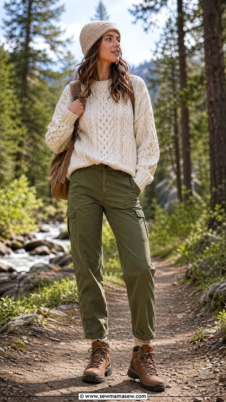 Cable Knit Sweater with Cargo Pants and Hiking Boots - 40 spring travel outfit ideas