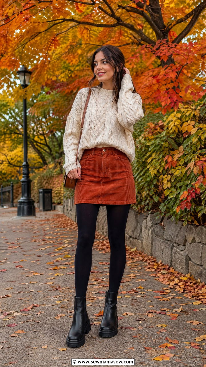 Cable Knit Sweater with Corduroy Mini Skirt and Tights - 35 casual outfits for petite women