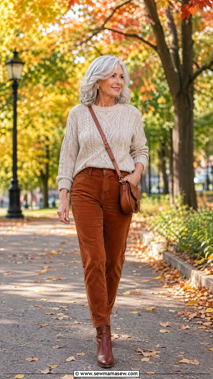 Cable Knit Sweater with Corduroy Pants - 35 Timeless outfit ideas for older women