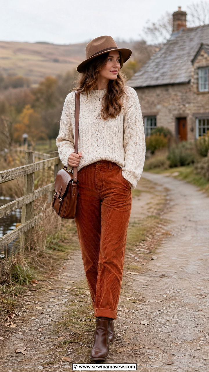 Cable Knit Sweater with Corduroy Pants and Ankle Boots - 35 simple outfit ideas for women