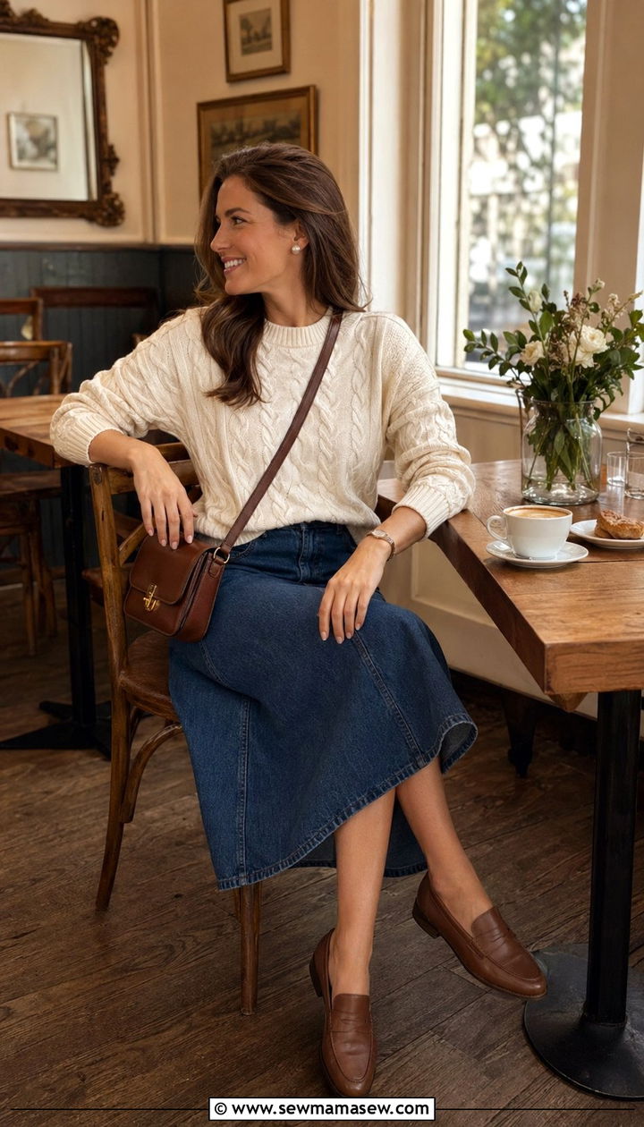 Cable Knit Sweater with Denim Midi Skirt - 35 Old money brunch outfit ideas