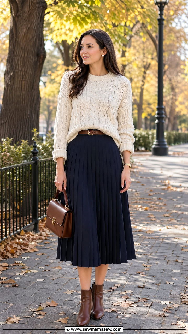 Cable Knit Sweater with Pleated Midi Skirt - 35 classy old money outfit ideas