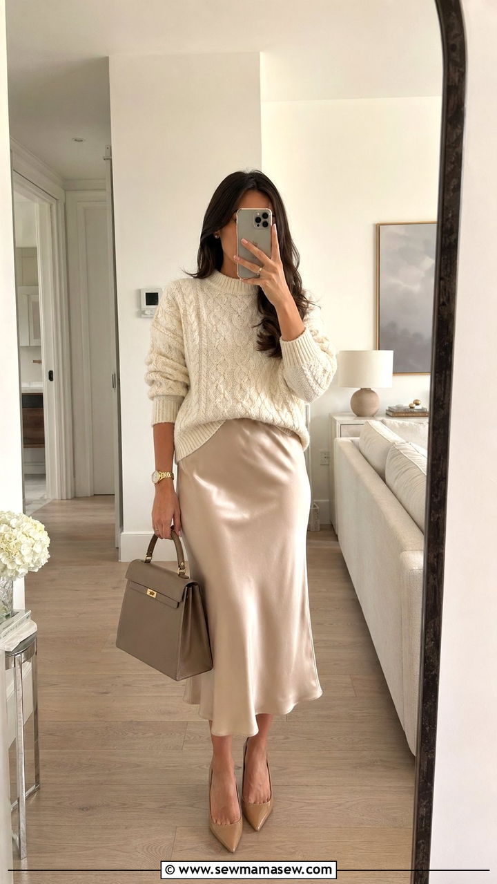 Cable Knit Sweater with Satin Midi Skirt - 35 Modest outfit ideas old money