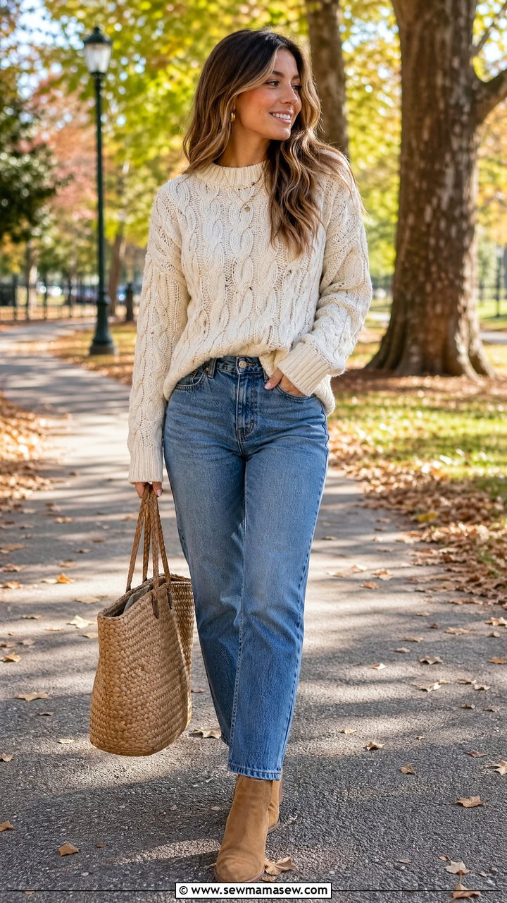 Cable Knit Sweater with Straight Leg Jeans - 35 classy cute outfits