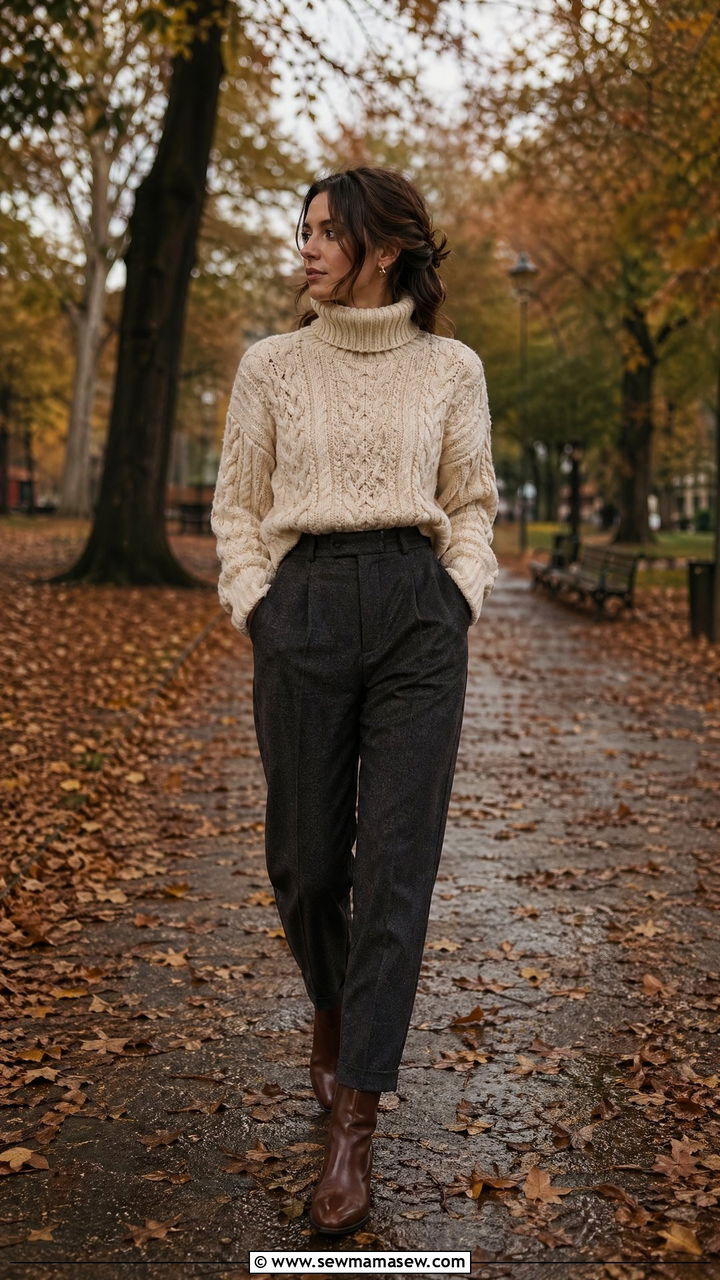 Cable Knit Turtleneck with Tailored Wool Trousers and Ankle Boots - 35 dark academia outfits