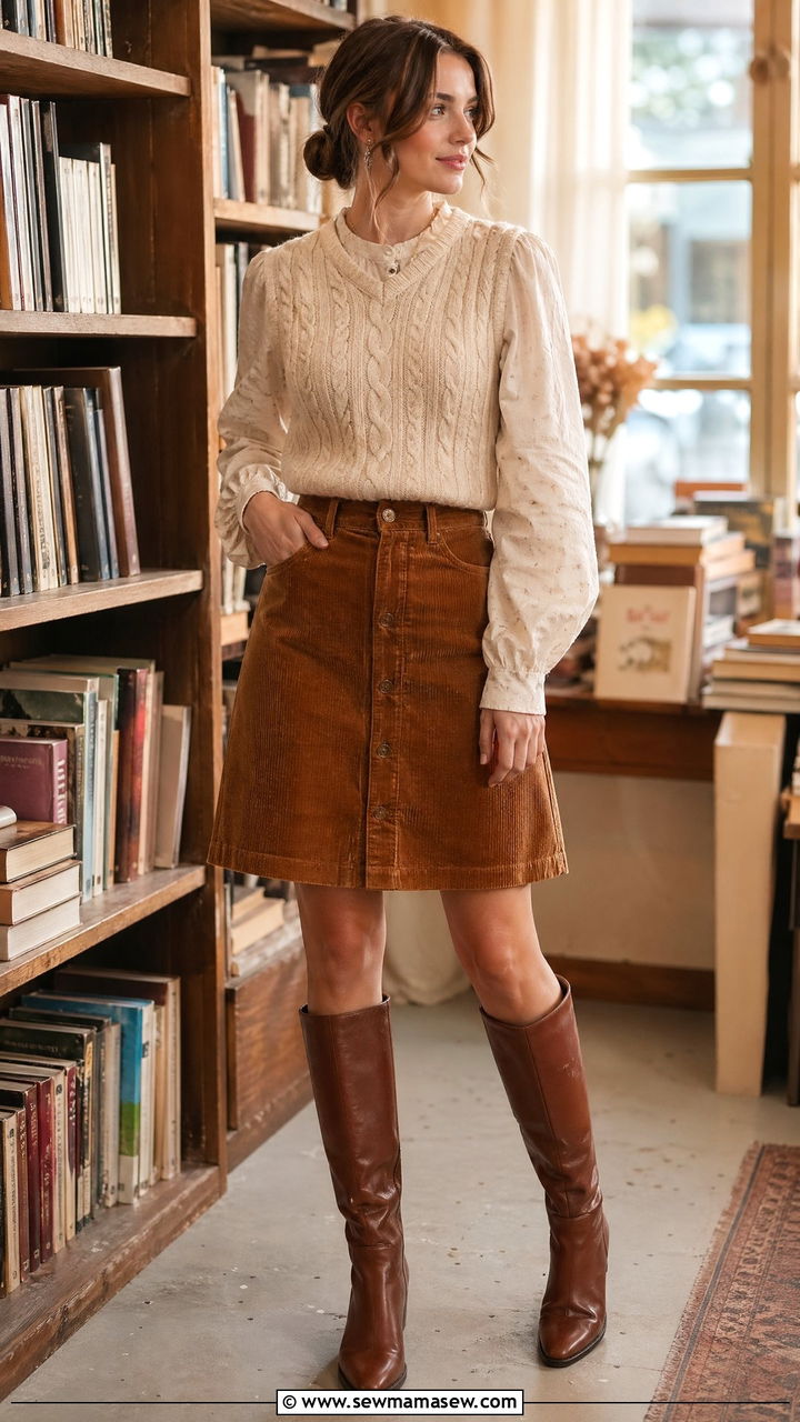 Cable Knit Vest Over Puff Sleeve Blouse With Corduroy Skirt - 35 Cottagecore outfit ideas