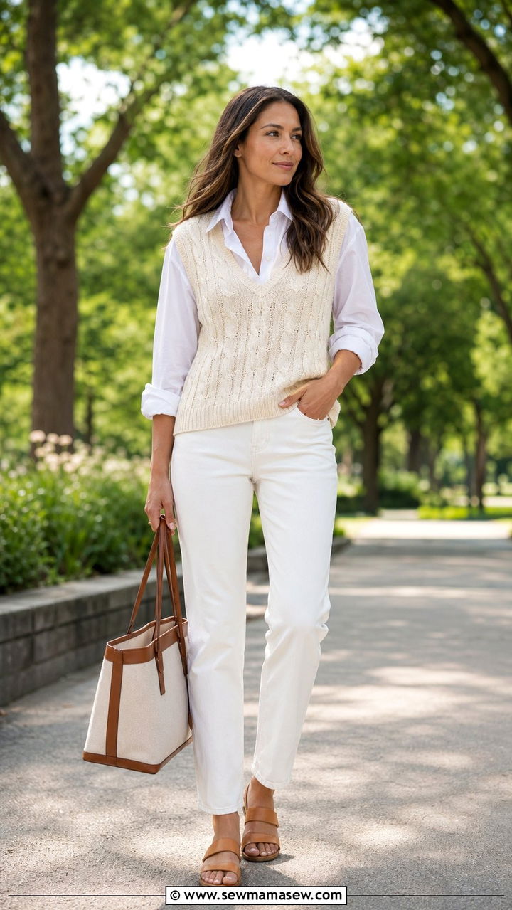 Cable Knit Vest With White Jeans Summer Outfit - 35 Preppy summer outfits