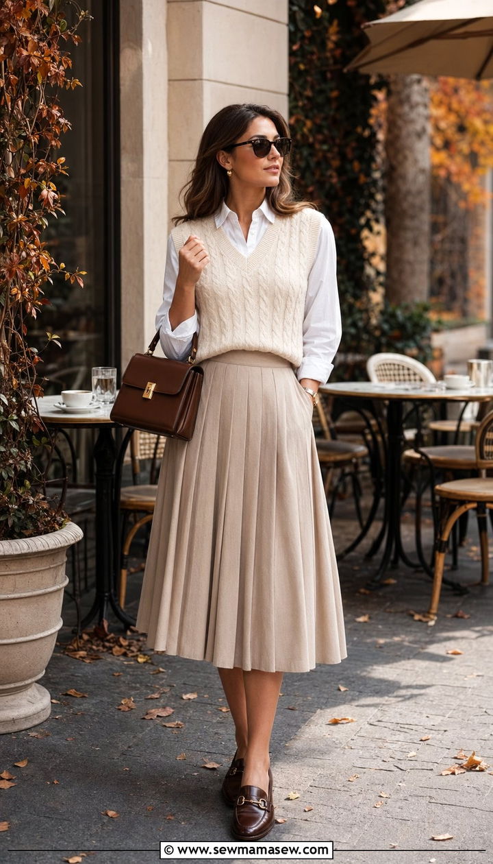 Cable Knit Vest and Pleated Skirt Brunch Outfit - 35 Old money outfit ideas for brunch