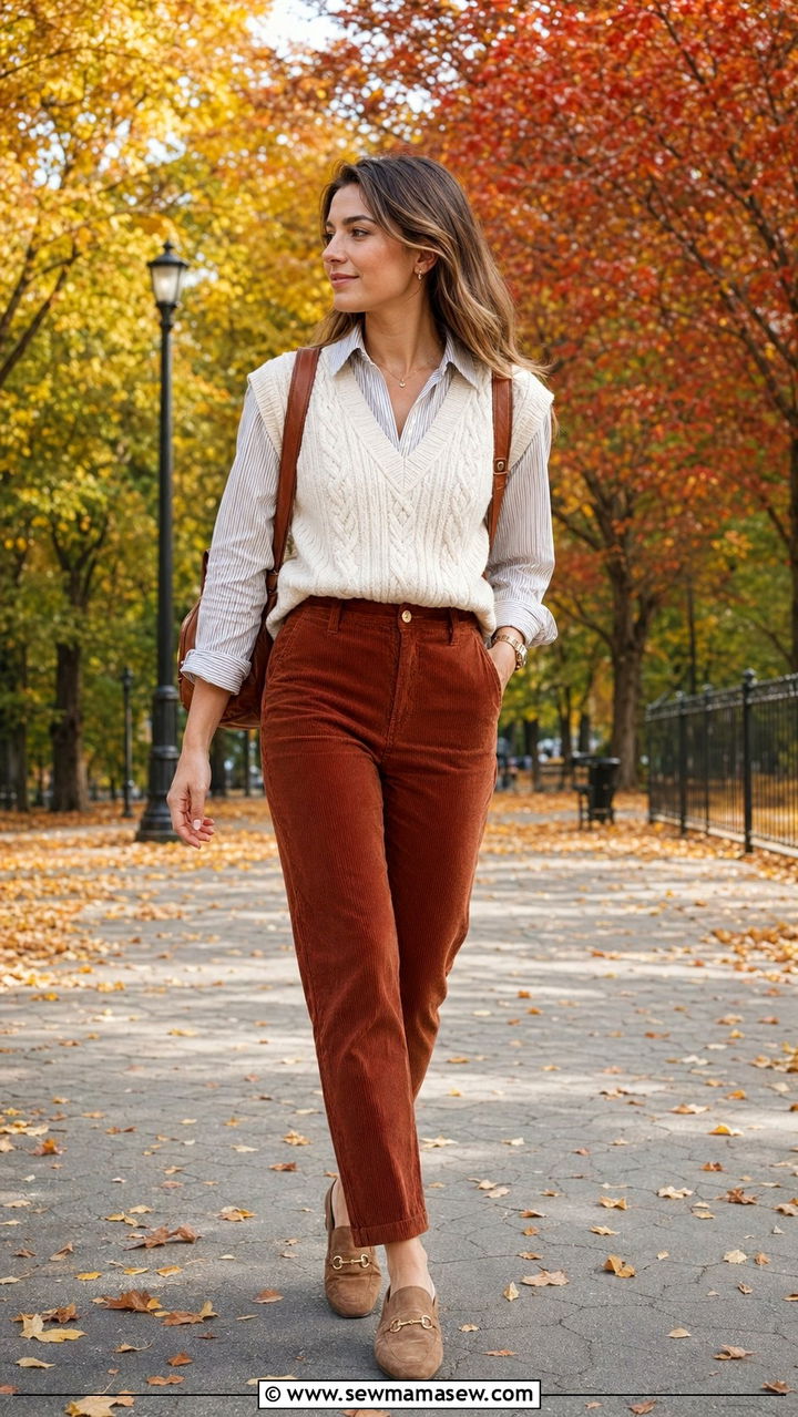 Cable Knit Vest with Collared Shirt and Corduroy Pants - 35 Preppy outfit ideas