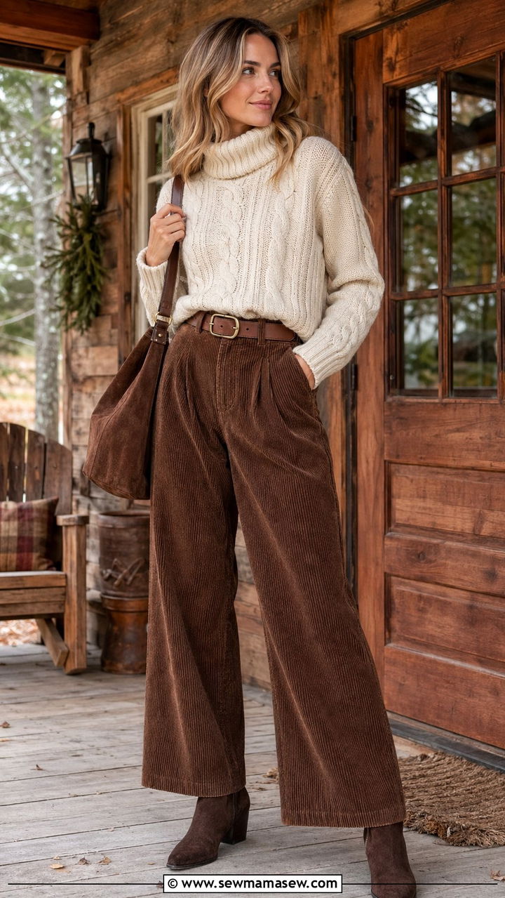 Cable knit cream sweater with brown corduroy trousers and booties - 30 Age appropriate outfit ideas