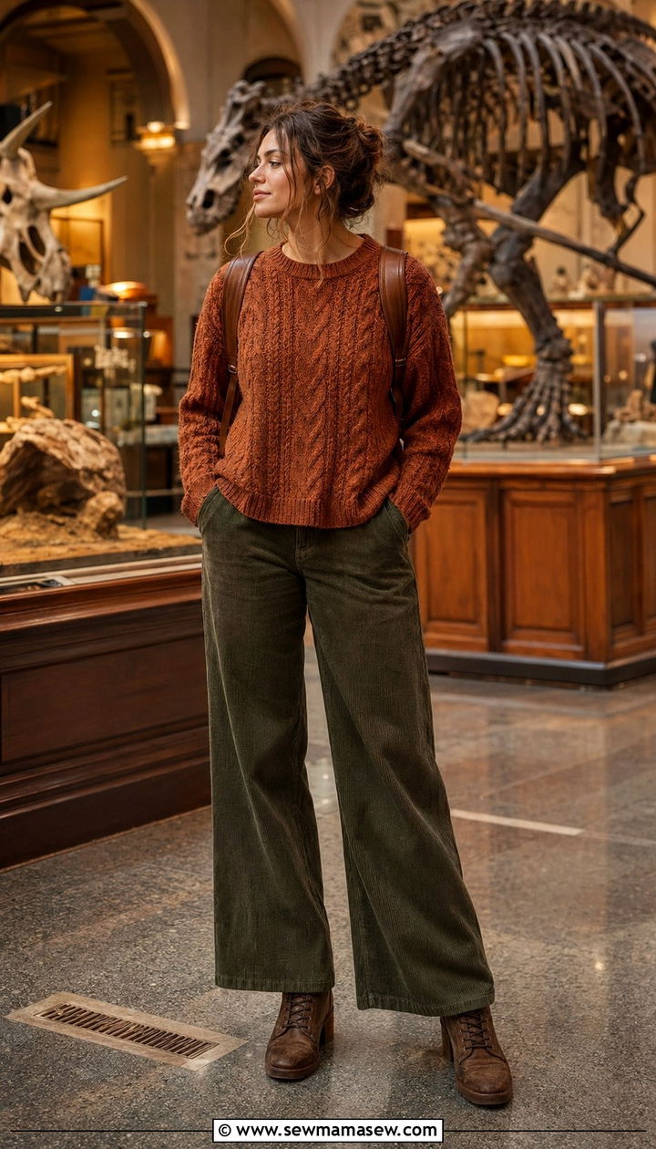 Cable knit sweater and corduroy pants museum outfit - 35 museum outfit ideas