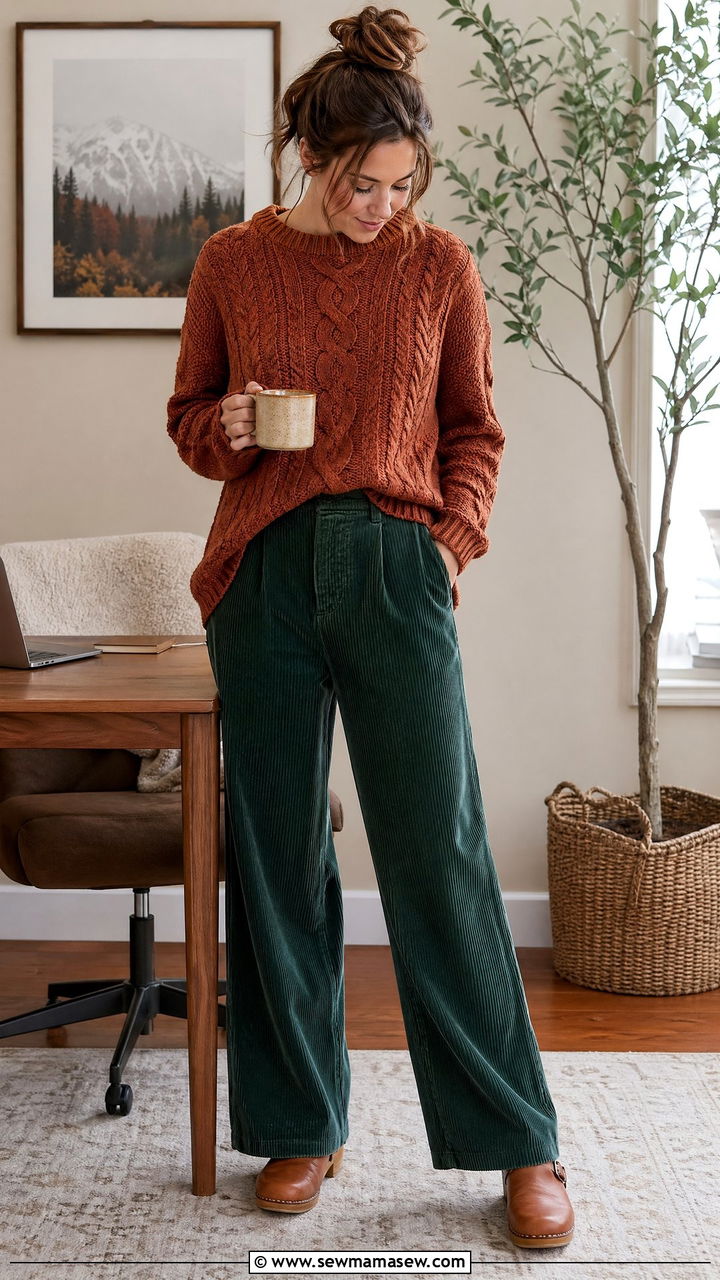 Cable knit sweater and corduroy pants outfit - 35 Work from home outfits for moms
