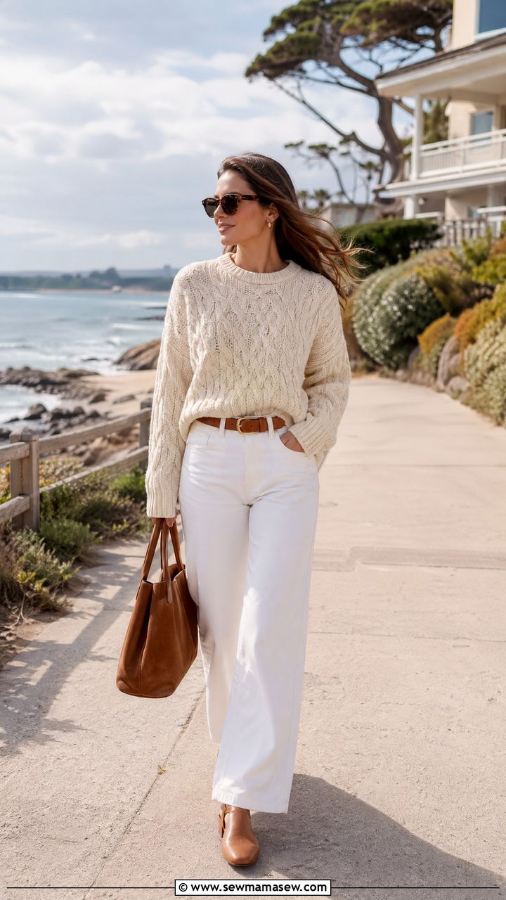 Cable knit sweater and wide leg white jeans - 35 Clean girl spring outfits