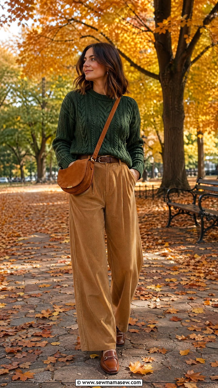Cable knit sweater corduroy pants and suede crossbody bag - 35 Crossbody bag outfit ideas