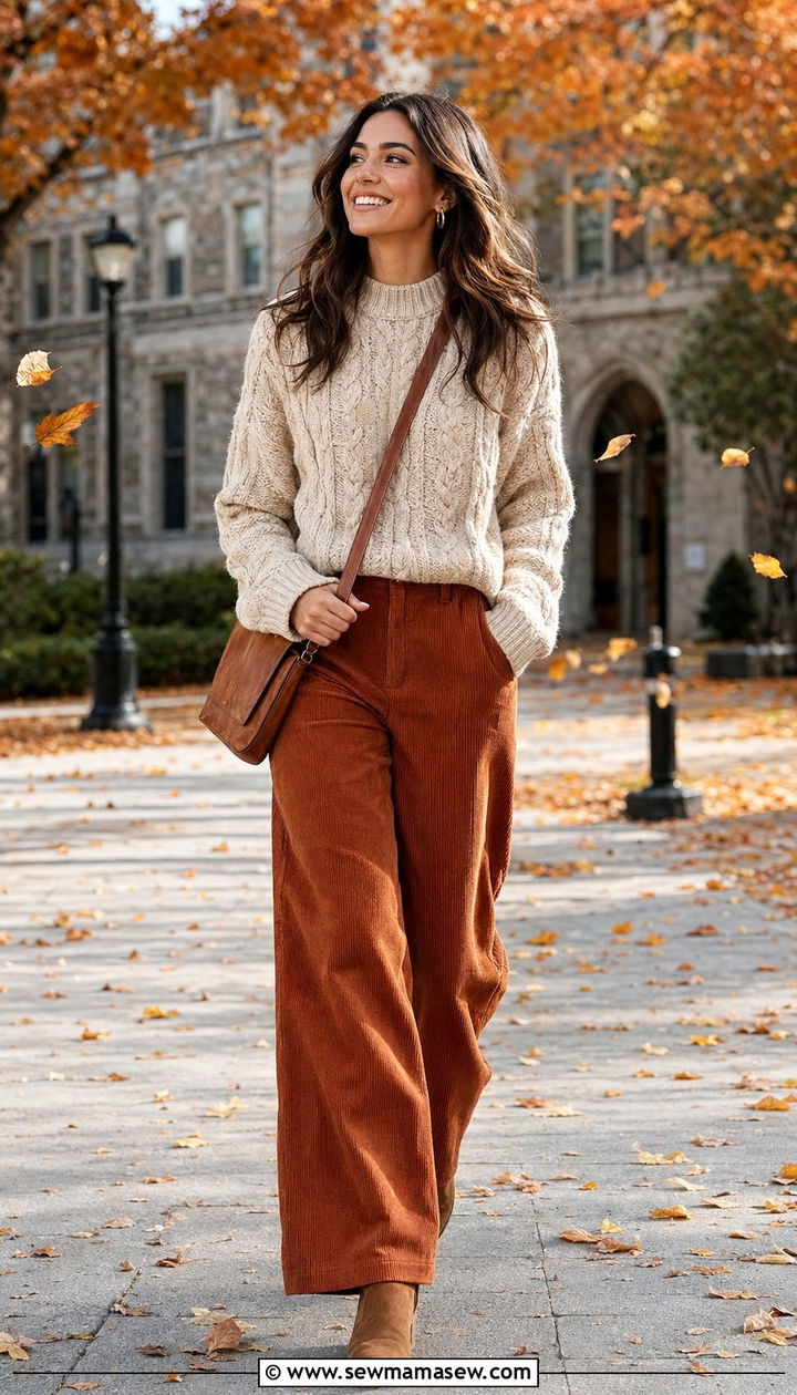 Cable knit sweater with corduroy pants - 35 school outfit ideas for women