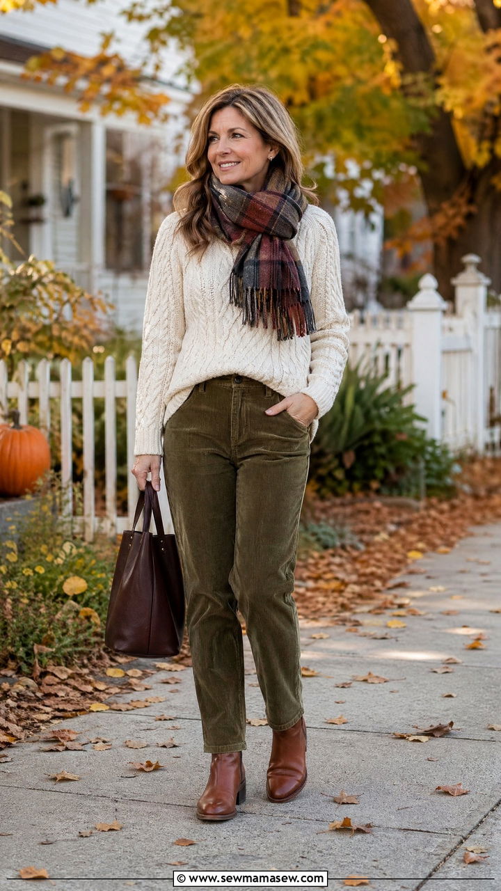 Cable knit sweater with corduroy pants - 35 Classy outfits for women over 40