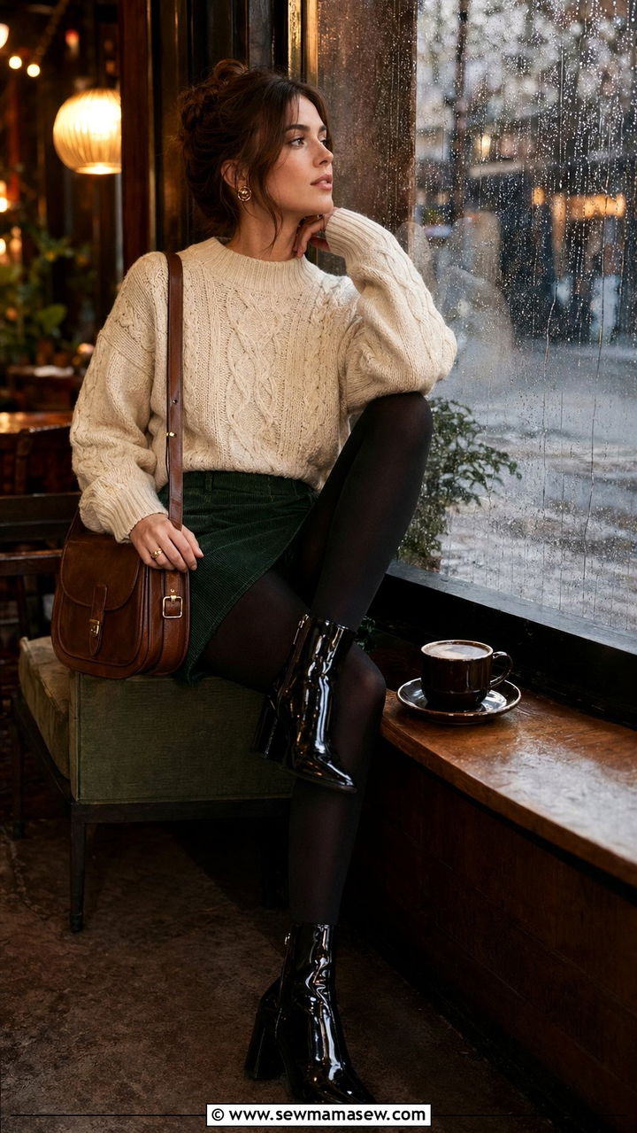 Cable knit sweater with corduroy skirt and patent boots - 35 Parisian cafe outfit ideas