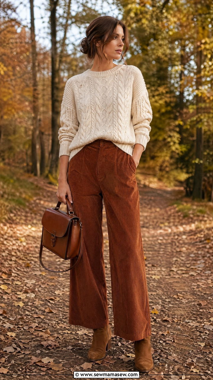 Cable knit sweater with corduroy trousers - 35 Weekend getaway outfit ideas