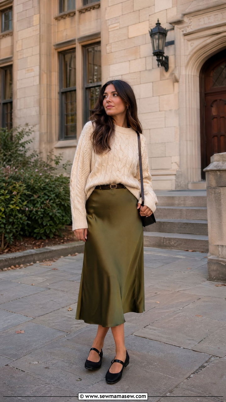 Cable knit sweater with satin midi skirt and ballet flats - 35 cute college outfits