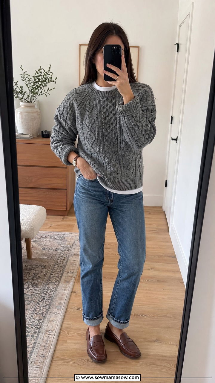 Cable knit sweater with straight leg jeans and penny loafers - 35 Sweater weather outfit ideas