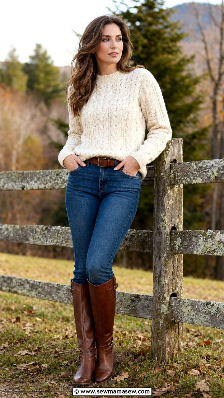 Cable knit sweater with straight leg jeans and riding boots - 35 Rich mom outfit ideas