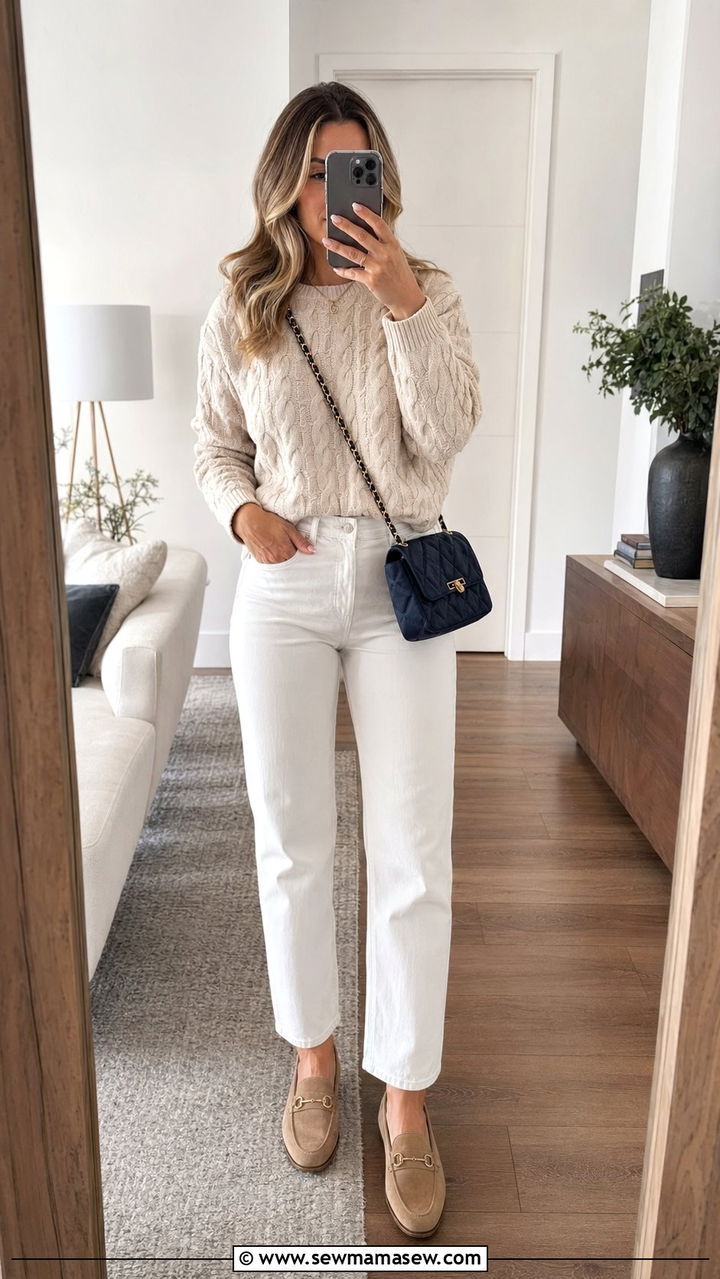 Cable knit sweater with white jeans outfit - 35 Preppy outfits 2026