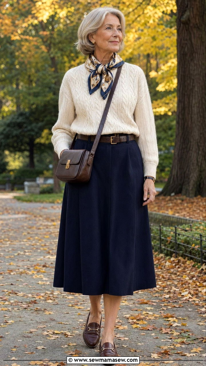 Cable knit sweater with wool midi skirt and silk scarf - 35 Old money outfit ideas for women over 60