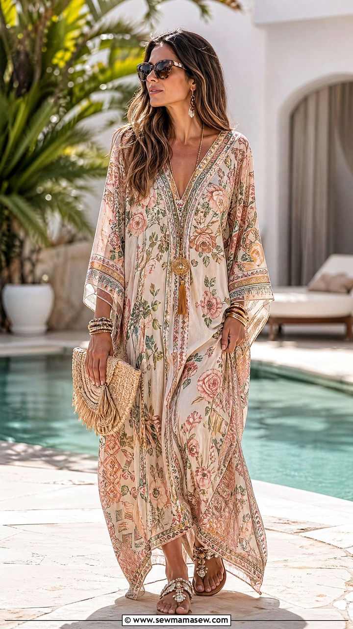 Caftan Dress with Beaded Flat Sandals - 35 spring boho chic outfits