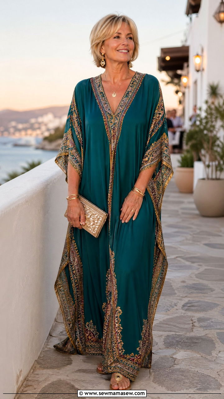 Caftan Maxi Dress and Gold Sandals Outfit - 35 Summer capsule wardrobe for women over 50