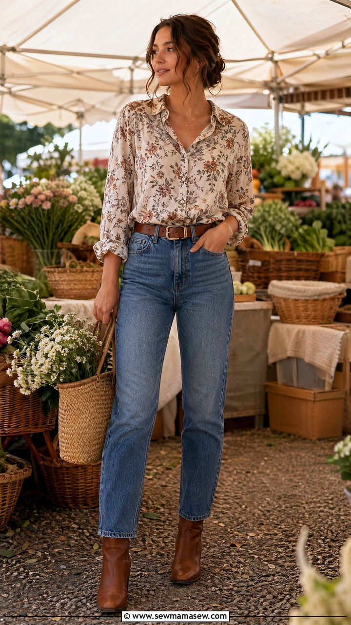 Calico Print Button Down With High Waisted Jeans And Leather Boots - 35 Cottagecore outfit ideas
