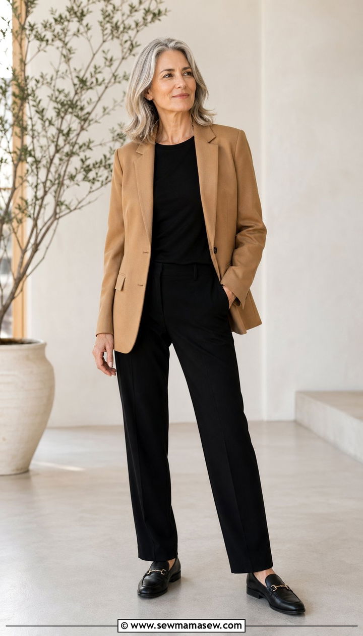 Camel Blazer Over All Black Outfit with Loafers - 35 Parisian outfits for women over 50