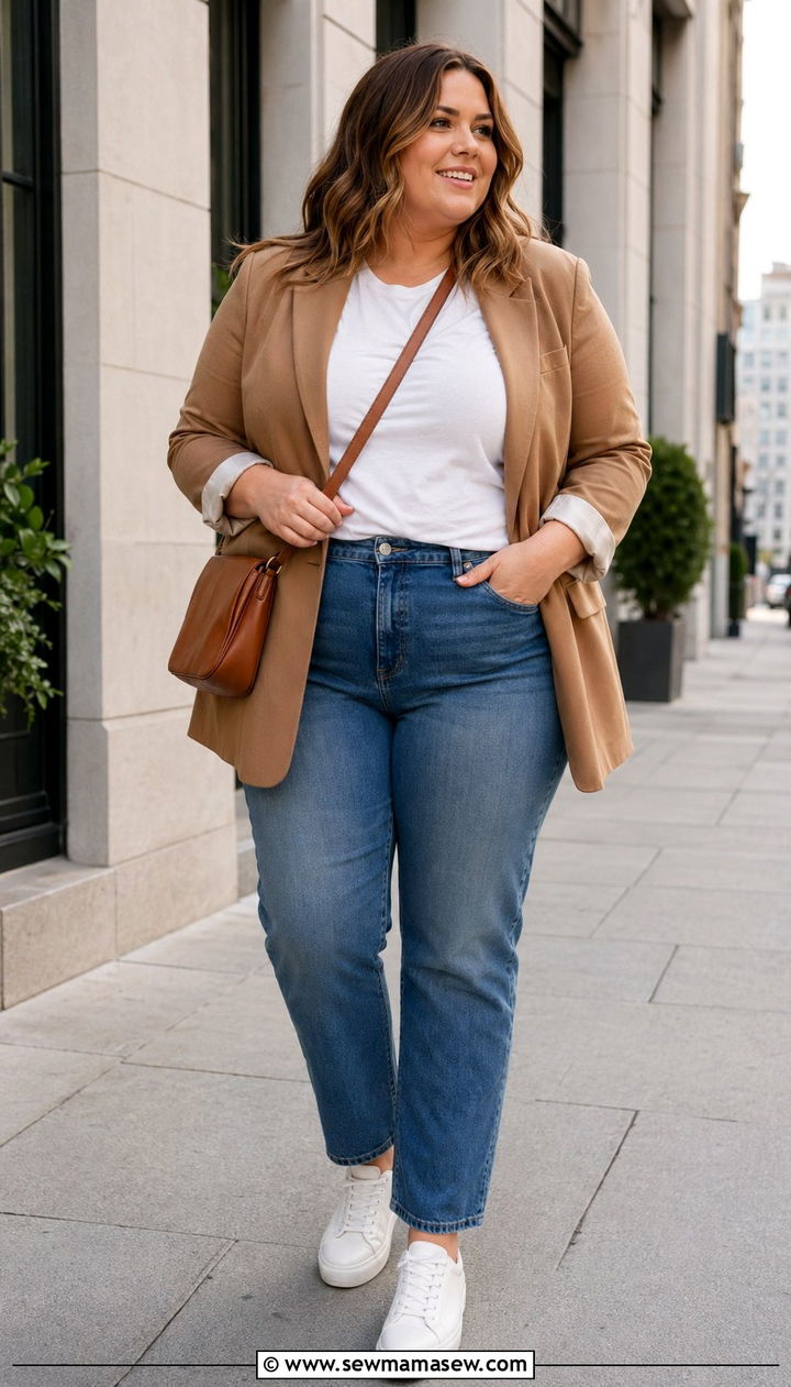 Camel Blazer White Tee and Straight Leg Jeans - 35 Plus size outfit ideas size 22