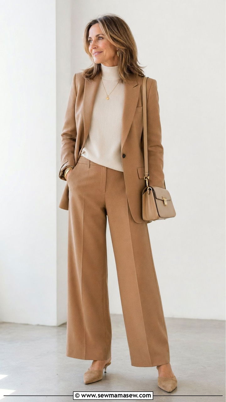 Camel Blazer With Cream Turtleneck And Wide Leg Trousers - 30 Best blazers for women over 40