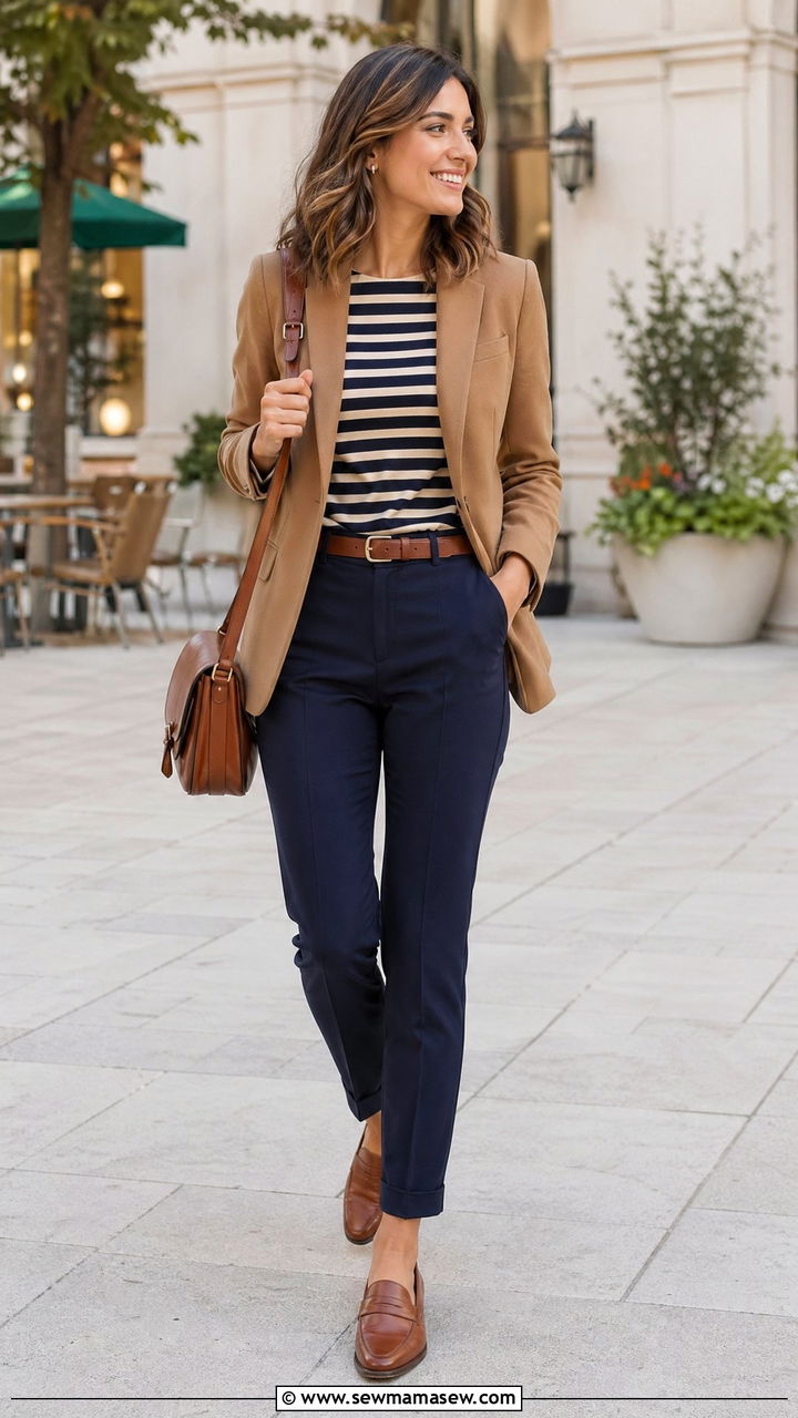 Camel Blazer With Navy Trousers And A Striped Top - 35 Classic business casual outfits