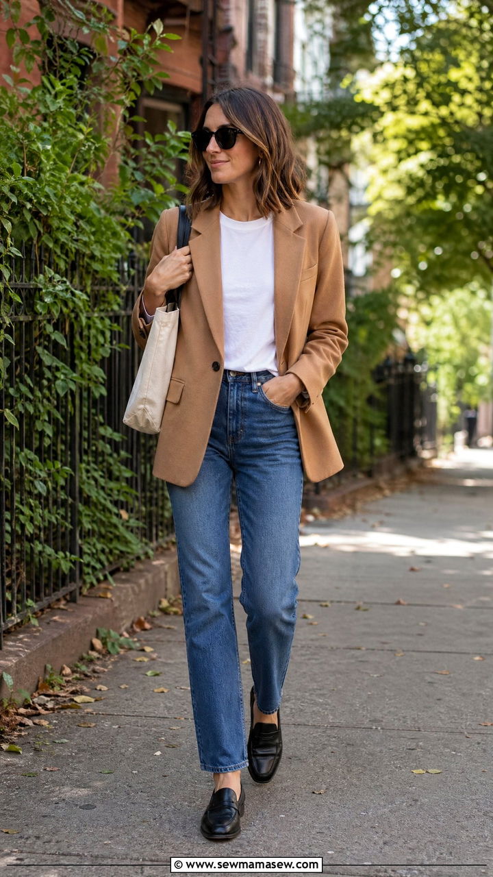 Camel Blazer With Straight Leg Jeans And Loafers - 35 Classy spring outfit ideas 2026